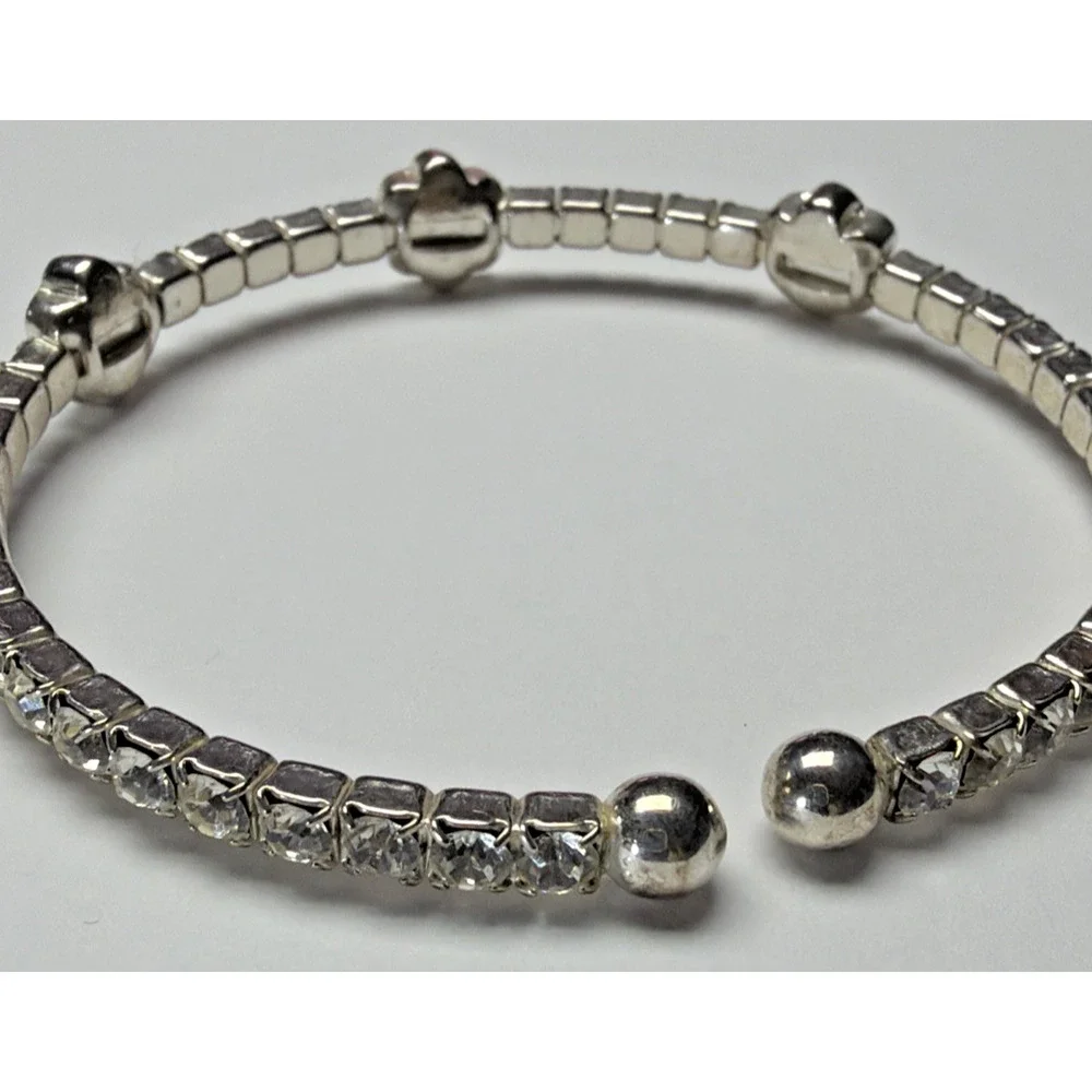 Vintage Clear Rhinestone Silver Cuff Bracelet Flower Clover